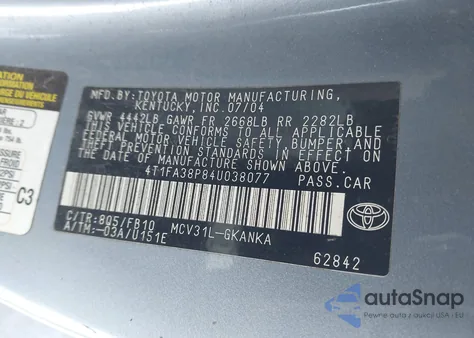 2004 Toyota Camry Solara Se from USA, damaged, VIN 4T1FA38P84U038077